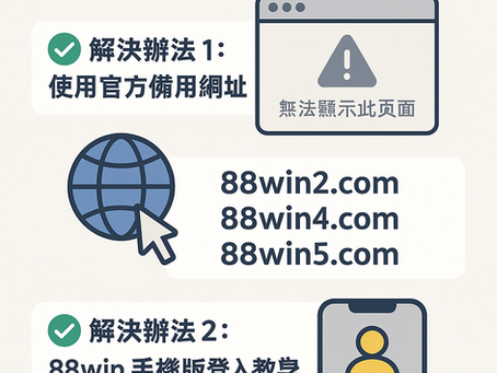 「88win 登入錯誤解決圖示，備用網址與手機教學示意」